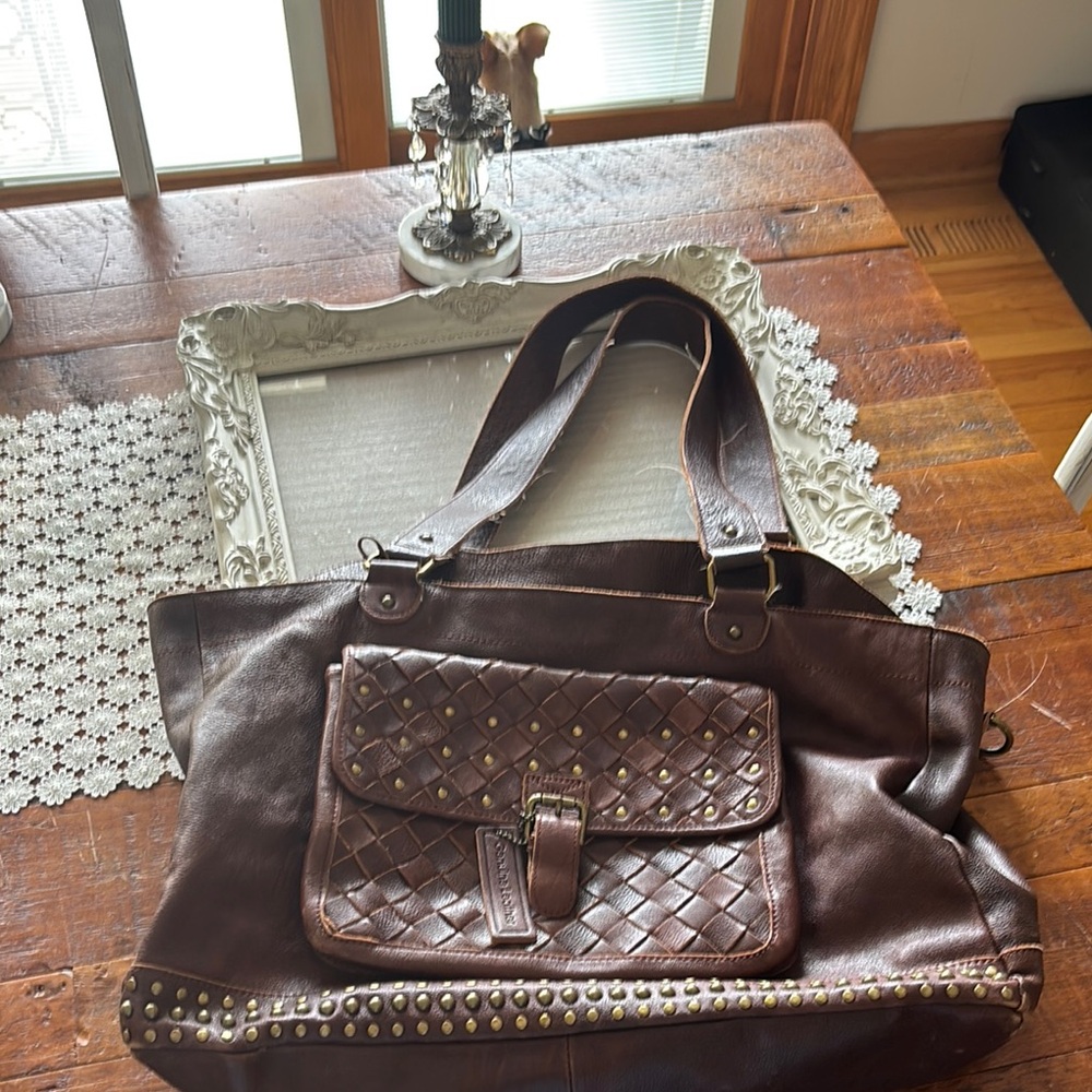Brown Studded Leather Tote Bag